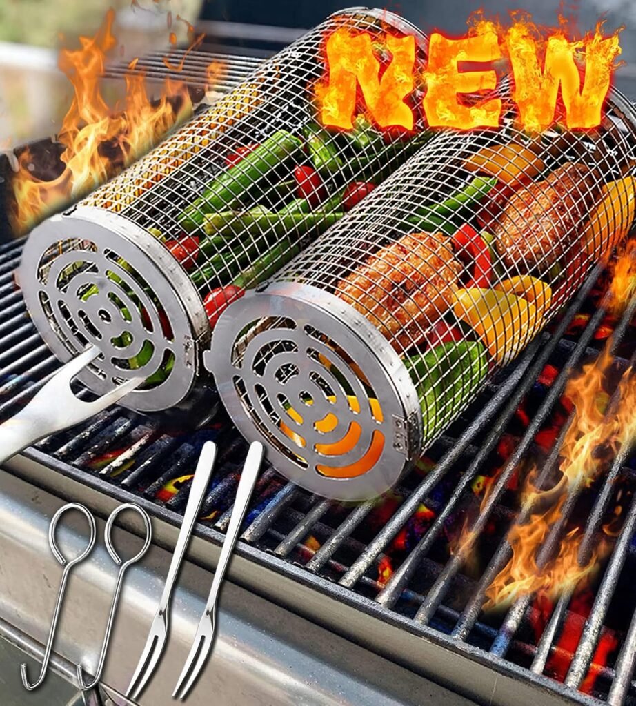 Rolling Grilling Baskets for Outdoor Grill Bbq Net Tube Stainless Steel Large Round Mesh Barbecue Cylinder Cage Cooking Accessories for Veggies Vegetable Fish Camping, Gift for Men Dad Husband Him Father Papa Best Friend New Home Hoursewarming House