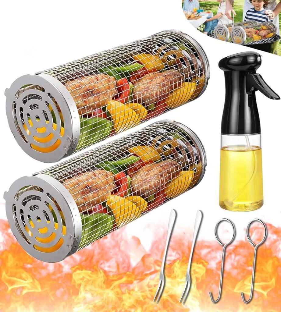 Rolling Grilling Baskets for Outdoor Grill Bbq Net Tube Stainless Steel Large Round Mesh Barbecue Cylinder Cage Cooking Accessories for Veggies Vegetable Fish Camping, Gift for Men Dad Husband Him Father Papa Best Friend New Home Hoursewarming House