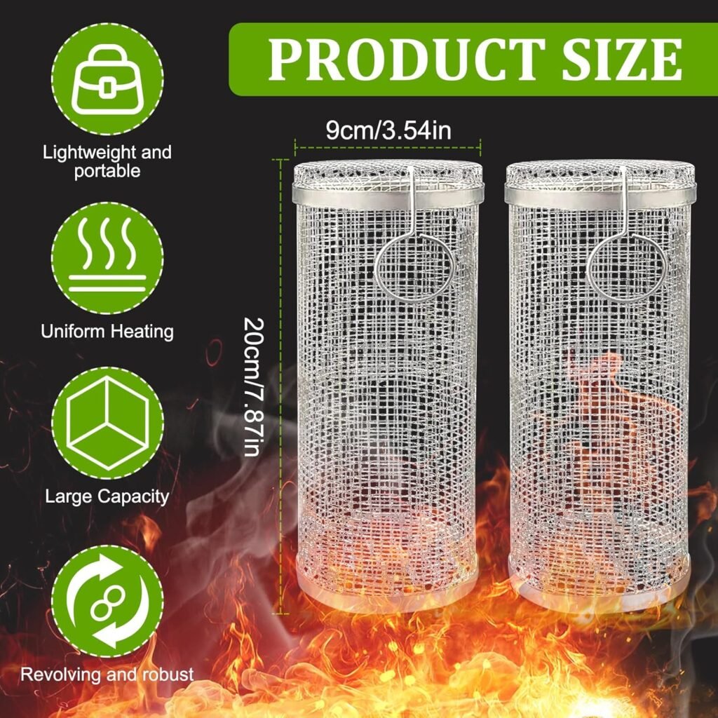 Rolling Grilling Baskets for Outdoor Grilling,2 Pcs Stainless Steel Grill Mesh Barbeque Grill Accessorie,Grill BBQ Net Tube Grill Baskets for Vegetable Fries Fish Shrimp,Grilling Gifts for Men