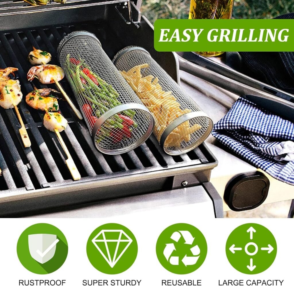 Rolling Grilling Baskets for Outdoor Grilling,2 Pcs Stainless Steel Grill Mesh Barbeque Grill Accessorie,Grill BBQ Net Tube Grill Baskets for Vegetable Fries Fish Shrimp,Grilling Gifts for Men