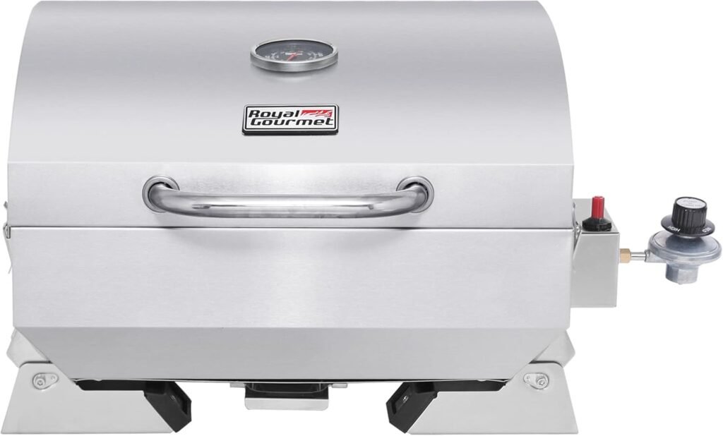 Royal Gourmet GT1001 Stainless Steel Portable Grill, 10000 BTU BBQ Tabletop Gas Grill with Folding Legs and Lockable Lid, Outdoor Camping, Deck and Tailgating, Silver