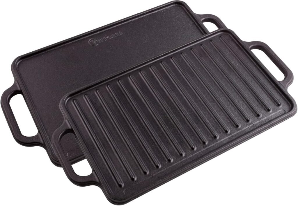 Victoria Rectangular Cast Iron Griddle. Double Burner Griddle, Reversible Griddle Grill, 13 x 8.5 Inch, Seasoned with 100% Kosher Certified Non-GMO Flaxseed Oil, Model: GDL-189