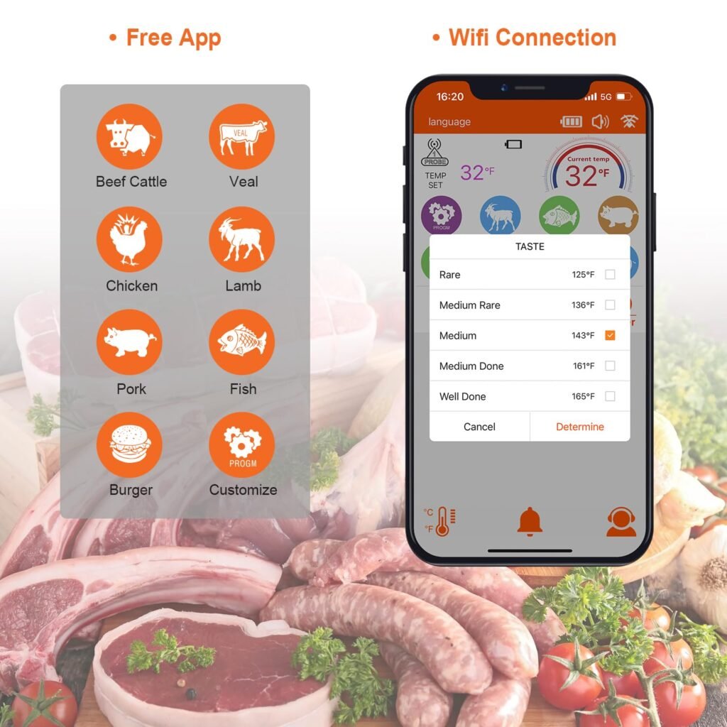 Wireless Meat Thermometer – Digital Cooking Thermometer with Wireless Probe – 500Ft Remote Range Food Thermometer – with iOS  Android Read App -Preprogrammed Temperatures for BBQ, Oven, Grill